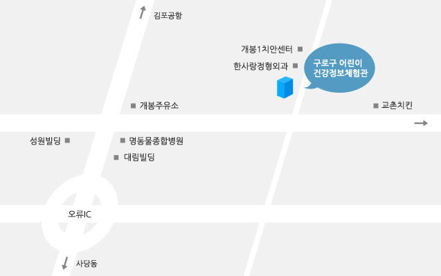 오류IC에서 김포공항 방향으로 직진 후 개봉주유소 사거리에서 우측으로 직진 후 첫번째 골목에서 좌측으로 직진하면 구로구 어린이 건강정보체험관이 위치해 있다.