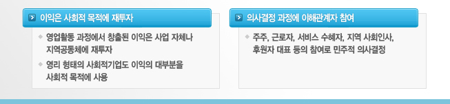 이익은 사회적 목적에 재투자 : 영업활동 과정에서 창출된 이익은 사업 자체나 지역공동체에 재투자, 영리 형태의 사회적기업도 이익의 대부분을 사회적 목적에 사용 / 의사결정 과정에 이해관계자 참여 : 주주, 근로자, 서비스 수혜자, 지역 사회인사, 후원자 대표 등의 참여로 민주적 의사결정