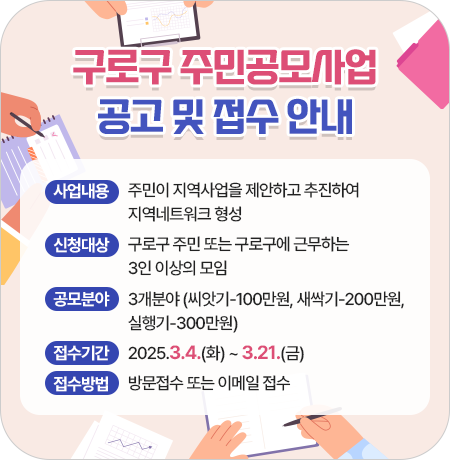 구로구 주민공모사업 공고 및 접수 안내
 
○ 사업내용 : 주민이 지역사업을 제안하고 추진하여 지역네트워크 형성
○ 신청대상 : 구로구 주민 또는 구로구에 근무하는 3인이상의 모임
○ 공모분야 : 3개분야 (씨앗기-100만원, 새싹기-200만원, 실행기-300만원)
○ 접수기간 : 2024.3.4.(화) ~ 3.21.(금)
○ 접수방법 : 방문접수 또는 이메일 접수||1