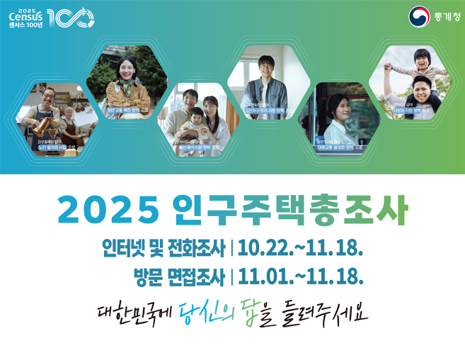 2025 인구주택총조사
인터넷 및 전화조사 : 10.22.~11.18.
방문 면접조사 : 11.01.~11.18.
대한민국에 당신의 답을 들려주세요||1