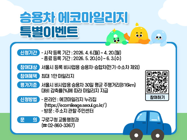 승용차 에코마일리지 특별이벤트

○ 신청기간
- 시작 등록 기간 : 2026. 4. 6.(월) ~ 4. 20.(월)
- 종료 등록 기간 : 2026. 5. 20.(수) ~ 6. 3.(수)
○ 참여대상 : 서울시 등록 비사업용 승용차·승합차(전기·수소차 제외)
○ 참여혜택 : 최대 1만 마일리지
○ 평가기준 : 서울시 비사업용 승용차 30일 평균 주행거리(816km) 대비 감축률(%)에 따라 마일리지 지급
○ 신청방법
- 온라인 : 에코마일리지 누리집(https://ecomileage.seoul.go.kr/ )
- 방문 : 주소지 관할 주민센터
○ 문의 : 구로구청 교통행정과(☎ 02-860-3367)||1