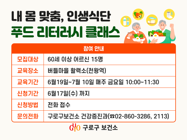 ○ 모집대상 : 60세 이상 어르신 15명
○ 교육장소 : 버들마을 활력소(천왕역)
○ 교육기간 : 6월19일~7월 10일 매주 금요일 10:00~11:30
○ 신청기간 : ~6월17일(수)
○ 신청방법 : 전화 접수
○ 문의전화 : 구로구보건소 건강증진과(☎02-860-3286, 2113)||1