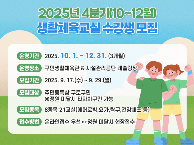 2025년 4분기(10~12월) 생활체육교실 수강생 모집 ○운영기간 2025.10.1.~12.31.(3개월) ○운영장소 구민생활체육관&시설관리공단 레슬링장 ○모집기간 2025.9.17.(수)~9.29.(월) ○모집대상 주민등록상 구로구민 ※정원 미달시 타자치구민 가능 ○모집종목 8종목 21교실(에어로빅, 요가, 탁구, 건강체조 등) ○접수방법 온라인접수 우선 ☞ 정원 미달시 현장접수||1