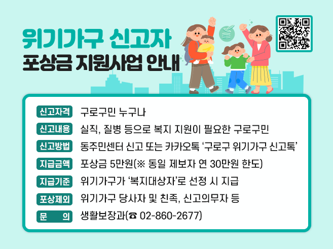 위기가구 신고자 포상금 지원사업 안내
○ 신고자격 : 구로구민 누구나
○ 신고내용 : 실직, 질병 등으로 복지 지원이 필요한 구로구민
○ 신고방법 : 동주민센터 신고 또는 카카오톡 ＇구로구 위기가구 신고톡＇
○ 지급금액 : 포상금 5만원(동일 제보자 연 30만원 한도)
○ 지급기준 : 위기가구가 ＇복지대상자＇로 선정 시 지급
○ 포상제외 : 위기가구 당사자 및 친족, 신고의무자 등
○ 문      의 : 생활보장과(☎ 02-860-2677)||1