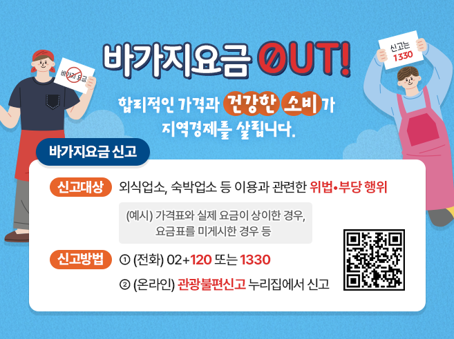 바가지요금 OUT! 합리적인 가격과 건강한 소비가 지역경제를 살립니다.
바가지요금 신고
- 신고대상 : 외식업소, 숙박업소 등 이용과 관련한 위법•부당 행위
                  (예시) 가격표와 실제 요금이 상이한 경우, 요금표를 미게시한 경우 등
- 신고방법 : ① (전화) 02+120 또는 1330
                ② (온라인) 관광불편신고 누리집에서 신고