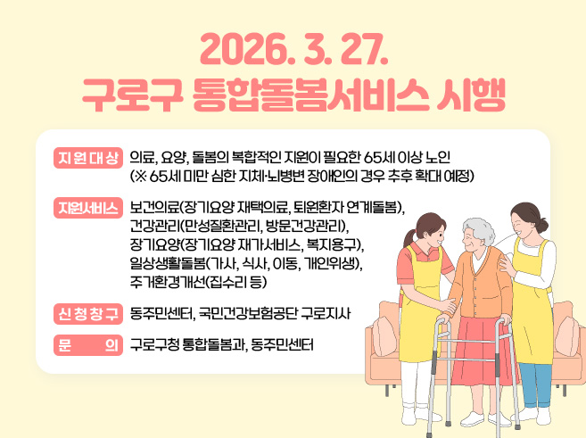 2026. 3. 27. 구로구 통합돌봄서비스 시행
○ 지원대상
의료, 요양, 돌봄의 복합적인 지원이 필요한 65세 이상 노인
(※ 65세 미만 심한 지체·뇌병변 장애인의 경우 추후 확대 예정)
○ 지원서비스
보건의료(장기요양 재택의료, 퇴원환자 연계돌봄), 건강관리(만성질환관리, 방문건강관리), 장기요양(장기요양 재가서비스, 복지용구), 일상생활돌봄(가사, 식사, 이동, 개인위생), 주거환경개선(집수리 등)
○ 신청창구
동주민센터, 국민건강보험공단 구로지사
○ 문의
구로구청 통합돌봄과, 동주민센터||1