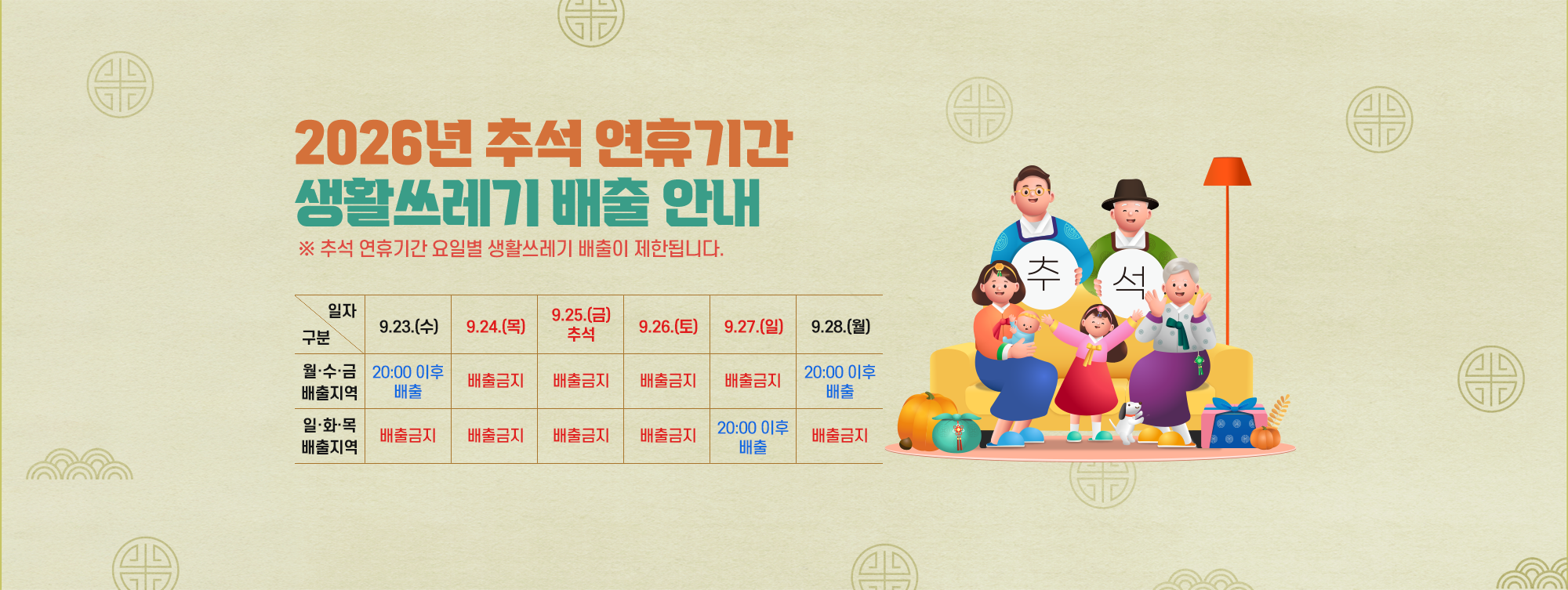 2026년 추석 연휴기간 생활쓰레기 배출안내
추석 연휴기간 요일별 생활쓰레기 배출이 제한됩니다.
[월‧수‧금 배출지역 : 9. 25.(금) 배출금지, 9. 28.(월) 20:00 이후 배출]
[일‧화‧목 배출지역 : 9. 24.(목) 배출금지, 9. 27.(일) 20:00 이후 배출]