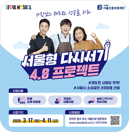 [서울신용보증재단] 2025년 서울형 4.0 프로젝트 지원대상 모집

○ 모집대상: 실패한 경험이 있으나 재도전 의지가 강한 서울시 소상공인 350명
○ 신청기간:  2025.3.17.(월)~4.11.(금)
○ 지원내용: 무료 교육 및 컨설팅, 저금리 대출지원, 실비 무상지원
○ 신청방법: 온라인 접수 또는 서울신용보증재단 구로지점 방문접수||1