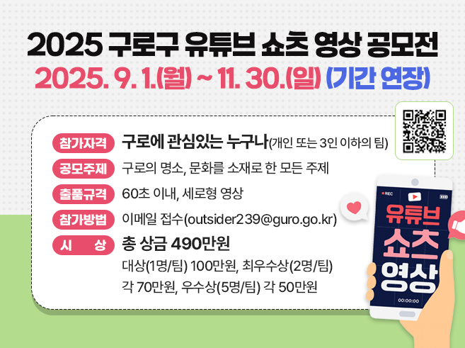 2025 구로구 유튜브 쇼츠 영상 공모전
2025. 9. 1.(월) ~ 11. 30.(일)(기간 연장)
 참가자격 : 구로에 관심있는 누구나(개인 또는 3인 이하의 팀)
o 공모주제 : 구로의 명소, 문화를 소재로 한 모든 주제
o 출품규격 : 60초 이내, 세로형 영상
o 참가방법 : 이메일 접수(outsider239@guro.go.kr)
o 시상(총 상금 490만원)
 - 대상(1명/팀) 100만원, 최우수상(2명/팀) 각 70만원, 우수상(5명/팀) 각 50만원
QR코드 : 2025 구로구 유튜브 쇼츠 영상 공모전 안내 페이지
https://www.guro.go.kr/www/selectBbsNttView.do?bbsNo=662&nttNo=223269&&pageUnit=10&searchCnd=SJ&searchKrwd=%EC%9C%A0%ED%8A%9C%EB%B8%8C&key=1790&pageIndex=1||1