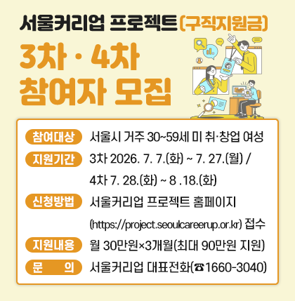 ◆ 제목 : 서울커리업 프로젝트 (구직지원금) 3차·4차 참여자 모집 ◆
  ○ 참여대상 : 서울시 거주 30~59세 미 취·창업 여성
  ○ 지원기간 : 3차 2026. 7. 7.(화) ~ 7. 27.(월)/4차 7. 28.(화) ~ 8 .18.(화)
  ○ 신청방법 : 서울커리업 프로젝트 홈페이지(https://project.seoulcareerup.or.kr) 접수
  ○ 지원내용 : 월 30만원 × 3개월(최대 90만원 지원)
  ○ 문    의 : 서울커리업 대표전화(☎1660-3040)