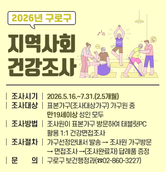 2026년 구로구 지역사회건강조사 실시

○ 조사시기: 2026.5.16.~7.31.(2.5개월)
○ 조사대상: 표본가구(조사대상가구) 가구원 중 만19세이상 성인 모두
○ 조사방법: 조사원이 표본가구 방문하여 태블릿PC 활용 1:1 건강면접조사
○ 조사절차: 가구선정안내서 발송 → 조사원 가구방문→ 면접조사 → (조사완료자) 답례품 증정
○ 문      의: 구로구 보건행정과(☎02-860-3227)