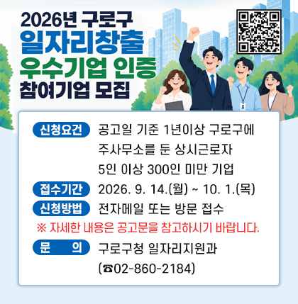 구로구 일자리 창출 우수기업 인증 신청기업 모집
○ 신청요건 : 공고일 기준 1년이상 구로구에 주사무소를 둔 상시근로자 5인 이상 300인 미만 기업
○ 접수기간 : 2026. 9. 14.(월) ~ 10. 1.(목)
○ 신청방법 : 전자메일 또는 방문 접수
※ 자세한 내용은 공고문을 참고하시기 바랍니다.
○ 문 의 : 구로구청 일자리지원과(☎02-860-2184)