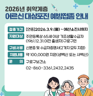 2026년 취약계층 어르신 대상포진 예방접종 안내
1. 접종기간 : 연중(2026.3.9.(월) ~ 예산소진시까지
2. 지원대상 : 주민등록상 65세 이상 기초생활수급자(1961.12.31.이전 출생자)구로구민
3. 구비서류:  신분증 및 수급자증명서(2가지 모두 지참)
4. 지원내용 : 약 100,000원 지원(생백신 또는 사백신) 
5. 문   의 : 구로구보건소 02-860-3361,2432,2435
