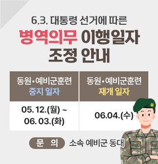 6.3. 대통령 선거에 따른 병역의무 이행일자 조정 안내
 
○ 동원•예비군훈련 중지 일자 : 05.12.(월) ~ 06.03.(화)
○ 동원•예비군훈련 재개 일자 : 06.04.(수)
○ 문의 : 소속 예비군 동대