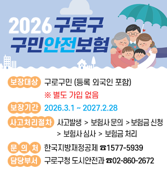 2026 구로구 구민안전보험
- 보장대상 : 구로구에 주민등록된 모든 구민(등록 외국인 포함)
※ 별도의 가입절차 없음
- 보장기간 : 2026.3.1. ~ 2027.2.28.
- 사고처리절차 :
 ⦁ 피보험자 구로구민 사고발생
 ⦁ 보험사 문의 ☎1577-5939 
 ⦁ 보험금 신청 신청서 및 첨부서류 보험사로 송부
 ⦁ 보험사 심사
 ⦁ 보험금 처리 피보험자 통장에 보험료 송금
- 문의처 : 보험사(한국지방재정공제회) 1577-5939
- 담당부서 : 구로구청 도시안전과 02-860-2672