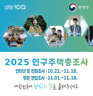 2025 인구주택총조사
인터넷 및 전화조사 : 10.22.~11.18.
방문 면접조사 : 11.01.~11.18.
대한민국에 당신의 답을 들려주세요