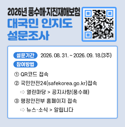 2026년 풍수해·지진재해보험 대국민 인지도 설문조사 
    ○ 설문기간 : 2026. 08. 31. ~ 2026. 09. 18.(3주)
    ○ 참여방법
      ① QR코드 접속
      ② 국민안전24(safekorea.go.kr)접속 → 열린마당>공지사항(풍수해)
      ③ 행정안전부 홈페이지 접속 → 뉴스·소식 > 알립니다