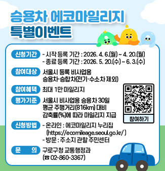 승용차 에코마일리지 특별이벤트
○ 신청기간
- 시작 등록 기간 : 2026. 4. 6.(월) ~ 4. 20.(월)
- 종료 등록 기간 : 2026. 5. 20.(수) ~ 6. 3.(수)
○ 참여대상 : 서울시 등록 비사업용 승용차·승합차(전기·수소차 제외)
○ 참여혜택 : 최대 1만 마일리지
○ 평가기준 : 서울시 비사업용 승용차 30일 평균 주행거리(816km) 대비 감축률(%)에 따라 마일리지 지급
○ 신청방법
- 온라인 : 에코마일리지 누리집(https://ecomileage.seoul.go.kr/ )
- 방문 : 주소지 관할 주민센터
○ 문의 : 구로구청 교통행정과(☎ 02-860-3367)