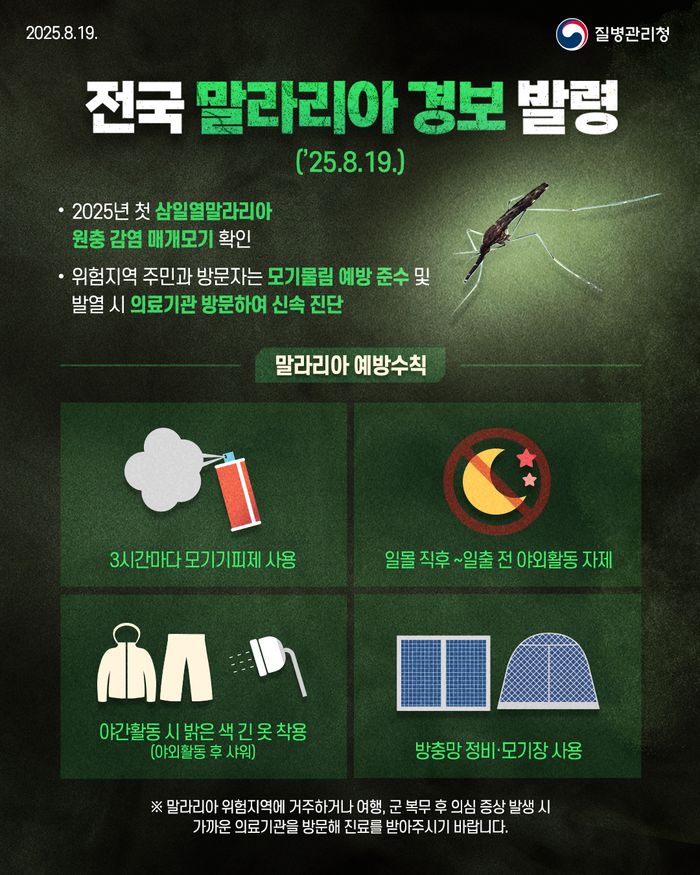 [붙임] 전국 말라리아 경보 발령(＇25.8.19.) 및 예방수칙 안내