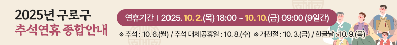 2025년 구로구 추석연휴 종합안내 연휴기간 2025.10.3.(금) ~ 10.9.(목) 7일간 ※개천절:10.3.(금) / 추석연휴:10.5.(일) ~ 10.8.(수) / 한글날: 10.9.(목)
