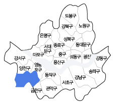 1990년대 서울지도 이미지 - 금천구의 분구 로 인하여 독산동,시흥동, 가리봉(가산)동등 일부 지역이 금천구로 편입
